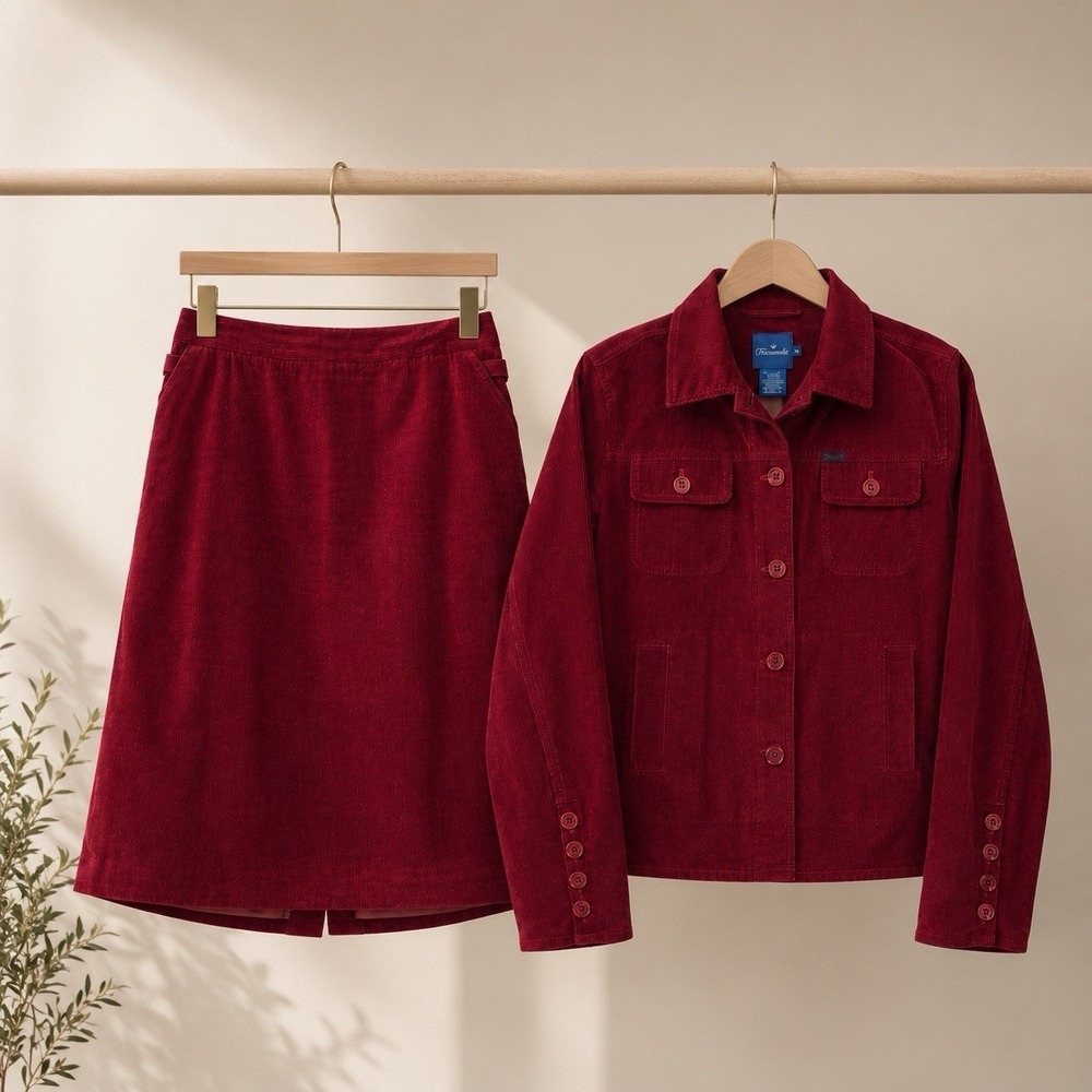 Faconnable Red Corduroy Chore Utility Jacket (Size M)‎ & Skirt (Size 10) Set Vtg